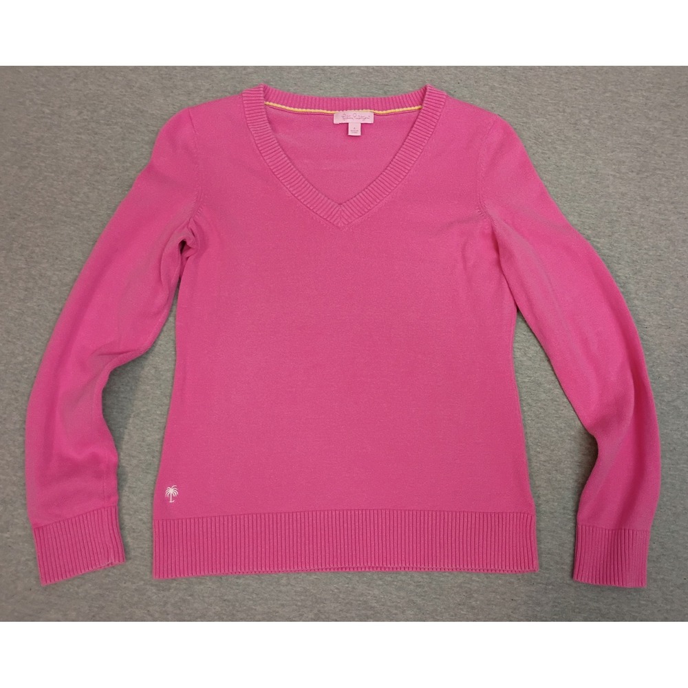 Lilly Pulitzer Pink Cotton V-Neck Sweater Palm Tree Logo Long Sleeve Small 82007